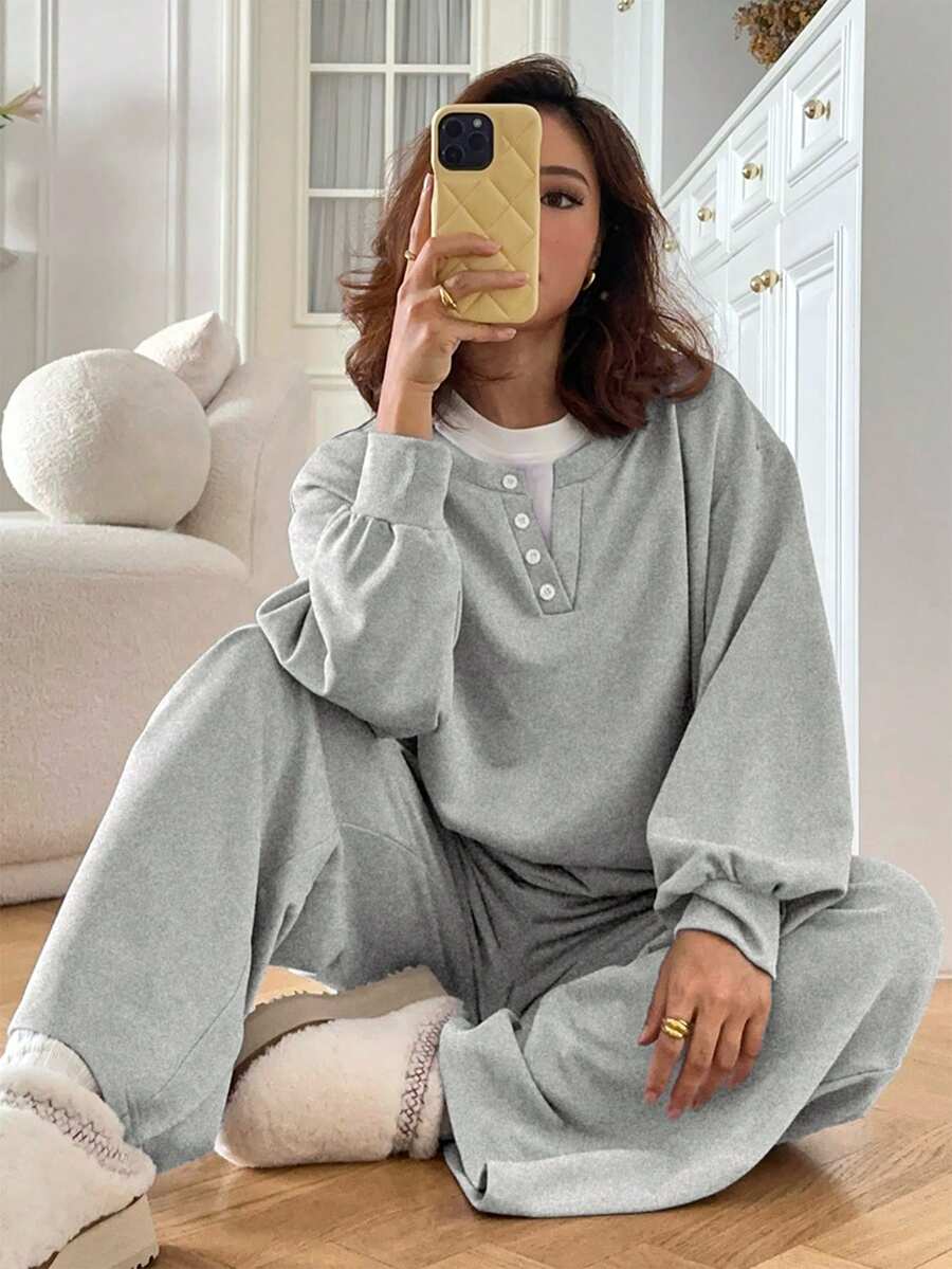 DAZY 女士秋冬两件套卫衣裤家居服套装 - 灰色 - 查看 1
