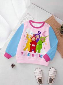 Teletubbies X SHEIN Baby Girl Colorblock Cartoon Pattern Round Neck Sweatshirt