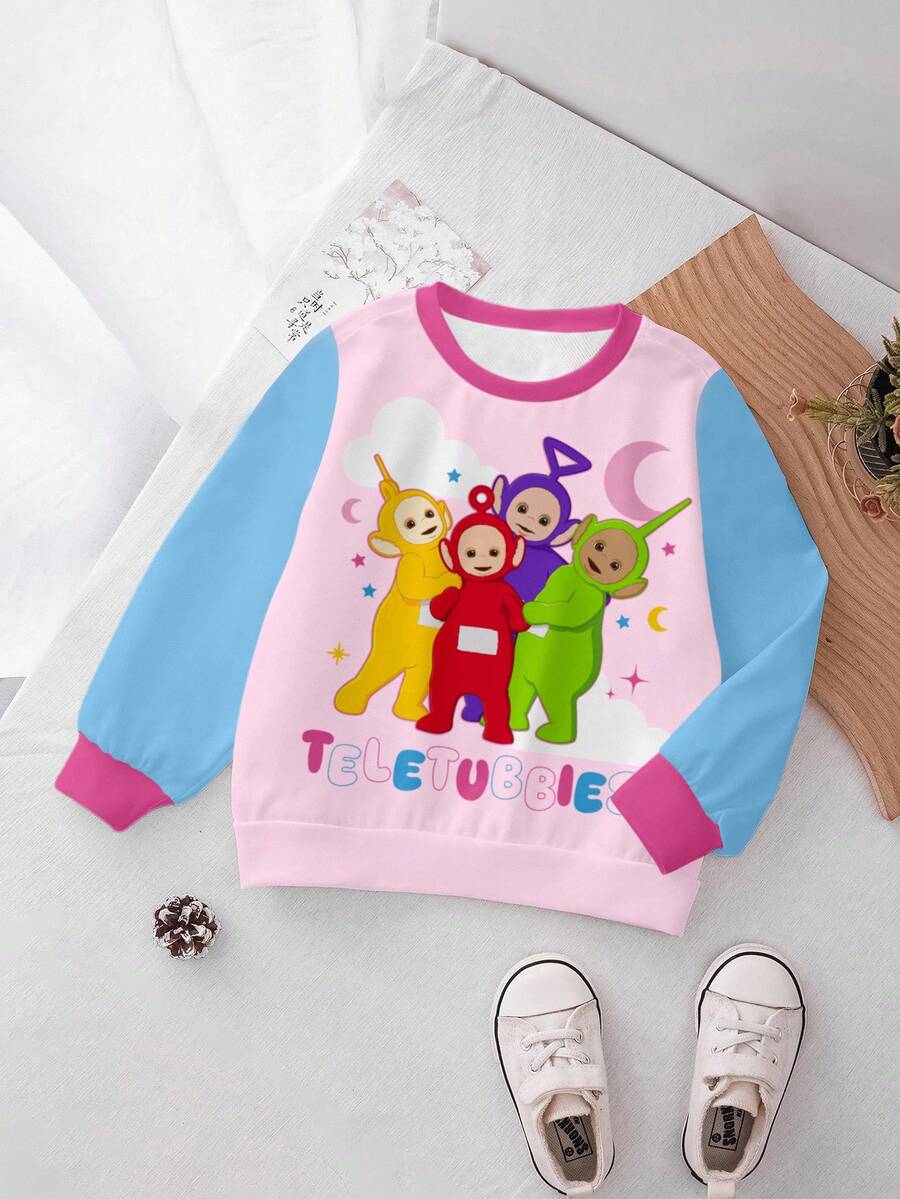Teletubbies X SHEIN Baby Girl Colorblock Cartoon Pattern Round Neck Sweatshirt