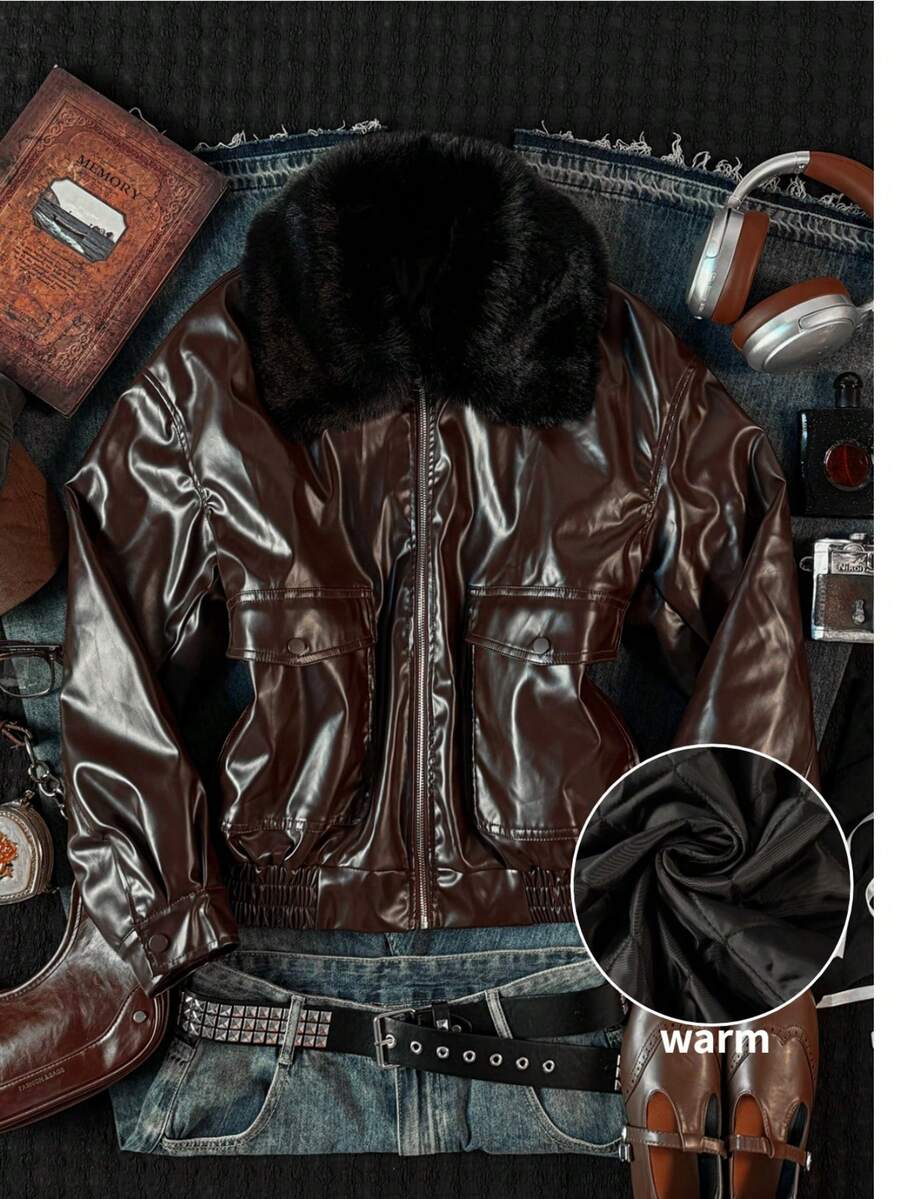 SHEIN EZwear Brown Jacket Winter Christmas New Year Thanksgiving Women's Fashionable Long Sleeve Lapel PU Leather Jacket - Brown - View 1