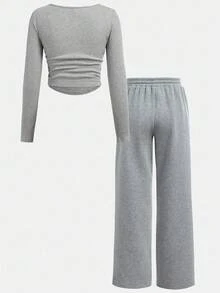 SHEIN Girlism Bộ đồ nữ sinh trung học, phong cách thể thao đường phố Mỹ thường ngày, màu xám, áo thun ngắn tay dài in logo nhỏ và quần dài ống đứng, trang phục 2 món - Xám - Xem 2