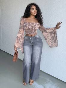 Alexandranx Women's Thick Denim Wide Leg Pants With Slanted Front Pocket, Blue - Grey - View 4