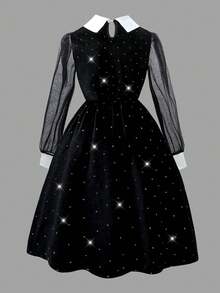 SHEIN Women's Vintage White Collar Back Open Teardrop Velvet Foil Fabric Mesh Sleeve Cuff Design Elastic Waist Mini Dress, Autumn/Winter - Black - View 2