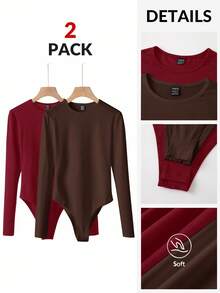 SHEIN BASICS 2pcs/Set Casual Solid Color Knit Crew Neck Long Sleeve Bodysuit For Women Summer Outfit For Women - Burgundy - View 8