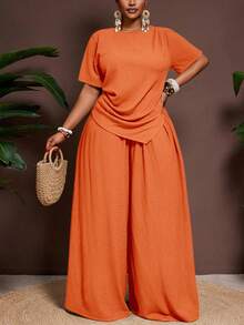 Veslaya 2件套/组 2025春夏新款休闲度假纯色褶皱面料尖下摆短袖上衣和松紧腰阔腿裤，大码女装 - 橘色 - 查看 8