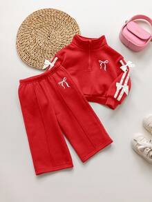 SHEIN Babygirl Cute Versatile Gray Bow Collar Sweatshirt Set, Autumn/Winter - Red - View 4