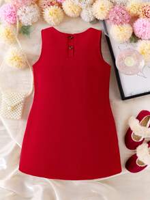 SHEIN Young Girl' Cute Red Bow Decor Comfortable & Stylish Sleeveless Dress, Autumn/Winter - Red - View 2