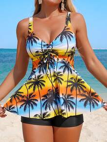 Swim Lushoire 2pcs/Set Women Coconut Tree Random Print Casual Camisole Top And Briefs Bikini Set, Summer - Multicolor - View 5