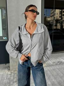 SHEIN Tall 女士前拉链长袖口袋卫衣，简约休闲毕业季、返校季穿搭，适合毕业典礼、教师节等场合，灰色拉链毛衣外套，短款拉链外套，短款拉链卫衣 - 灰色 - 查看 6