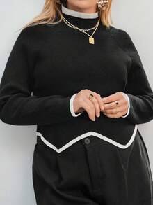 SHEIN Privé Áo len chui đầu thanh lịch cỡ lớn dành cho nữ với thiết kế viền độc đáo - màu đen - Xem 5