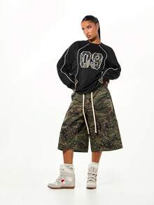 SUMWON WOMEN Boxy Fit Oversized Raglan Sleeve Top With Camo Piping Details And Number Print - Black - View 5