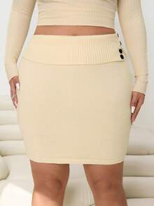 SHEIN EZwear Plus Size Women Waist Fold Button Knitted A-Line Skirt/Winter - Beige - View 2