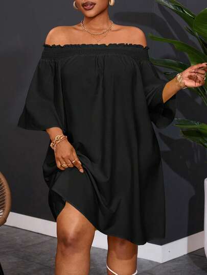 Slaydiva 大码女士露肩优雅通勤度假A字连衣裙