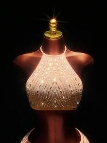 Amplova 女士亮面露背吊带短款上衣，性感前卫，适合派对、皮草外套内搭、秋冬季、新年派对、生日、约会、日常穿着，优雅可爱，高开衩露背可调节肩带 - 彩色 - 查看 1