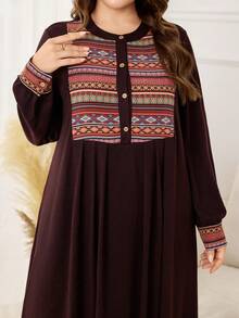 Lacomfia Damen Rundhals Langarm Locker Plissee Lässig Retro Muster Patchwork Komfortable Herbst/Winter Große Größen Kleid