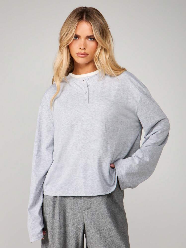 MISSGUIDED Button Through Long Sleeve Top With Crew Neck For Fall Winter Casual Everyday Wear