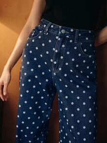 Anewsta Women's Polka Dot Pattern Pocketed Wide Leg Loose Casual Jeans - Blue and White - View 4