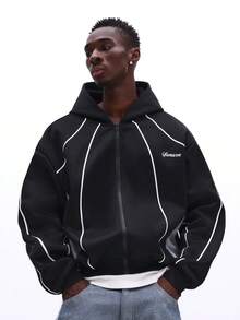 SUMWON Full Zip Hoodie With Contrast Piping And Embroidered Logo For Casual Streetwear Plain - Black - View 6