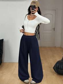 Coolane Quần dài nhung kẻ họa tiết thời trang dạo phố mùa thu dành cho nữ - Màu xanh hải quân - Xem 2