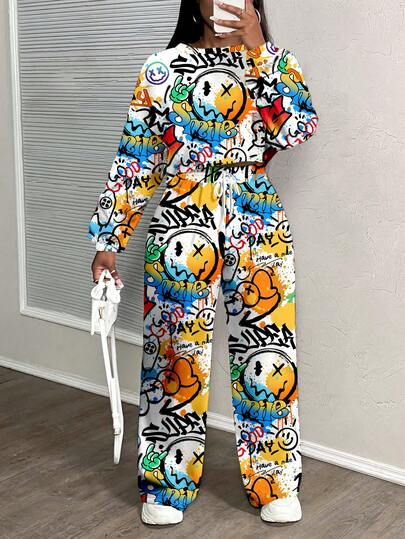 Slaydiva 女士休闲街头风格宽松运动两件套，适合秋冬，女士两件套，图案印花，适合街头，嘻哈