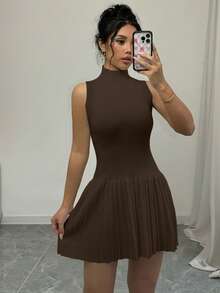 Elenzga 女士时尚休闲无袖褶皱针织连衣裙 - 咖啡棕 - 查看 3