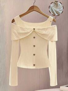 GlowEve Women's Solid Color Button Design Off-Shoulder Long Sleeve Ribbed T-Shirt