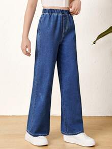 SHEIN Teen Girl Casual Loose Fit Wide Leg Jeans With Washed Denim Design