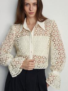 2026 Modichic Camisa de manga larga con bordado calado, de estilo ligero y lujoso, de estilo europeo y americano, para otoño/invierno - Beis - Ver 6