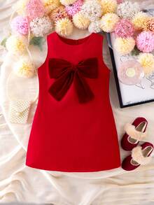 SHEIN Young Girl' Cute Red Bow Decor Comfortable & Stylish Sleeveless Dress, Autumn/Winter - Red - View 1