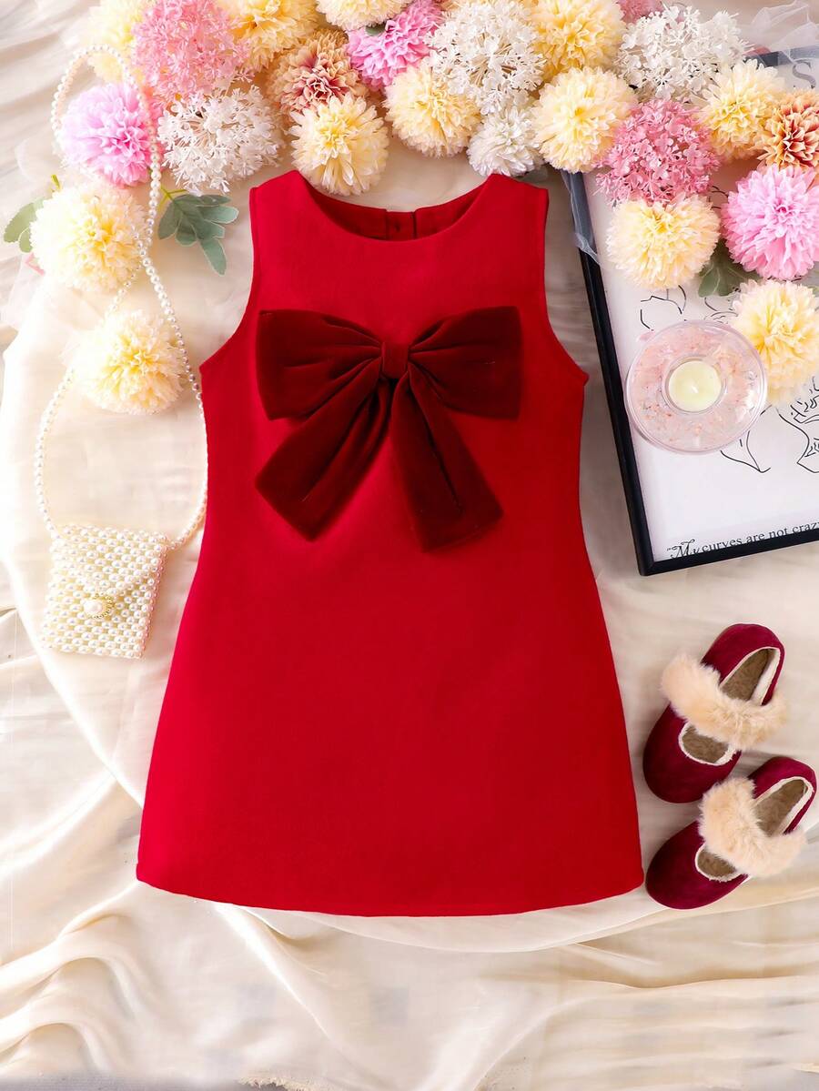 SHEIN Young Girl' Cute Red Bow Decor Comfortable & Stylish Sleeveless Dress, Autumn/Winter - Red - View 1
