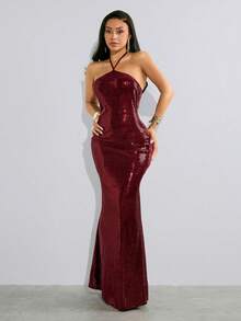 Zyxie Women's Elegant Sequin Embellished Tie Front Dress With Mermaid Hem, Suitable For Party, Summer, Christmas - Burgundy - View 5