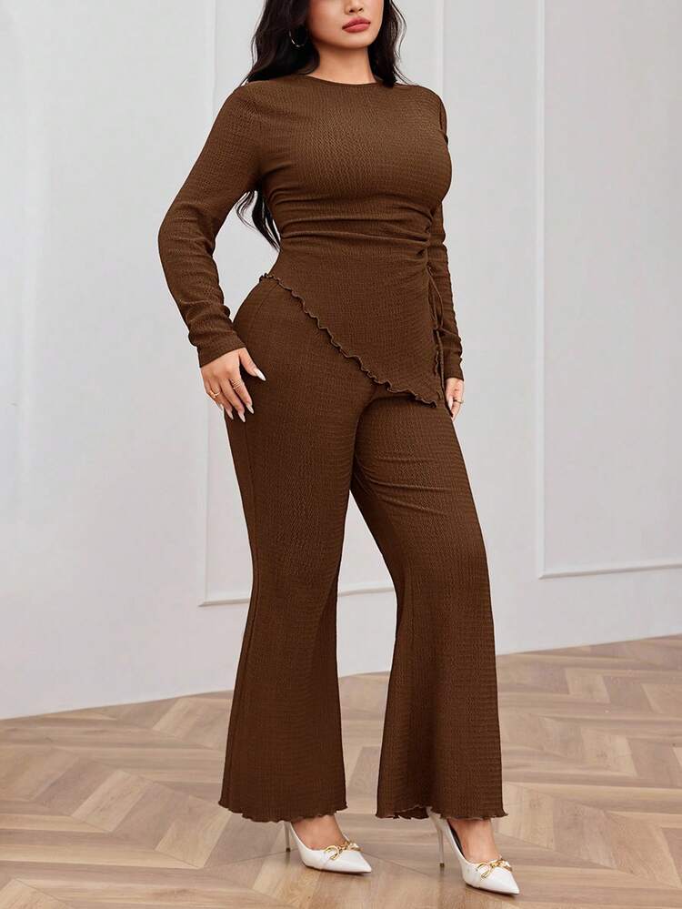 Modelyn Plus Size Women's Solid Color Round Neck Long Sleeve Side Drawstring Top And Wide Leg Pants Casual 2 Piece Set - Brown - View 4