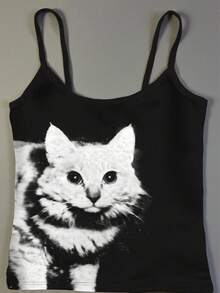 INAWLY 女士夏季Y2K可爱猫咪黑色背心，休闲日常上衣