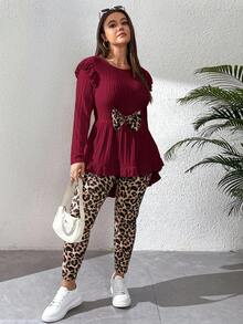 SHEIN Essnce بدلة نسائية كبيرة الحجم، بدلة فيونكة، بدلة جميلة، مجموعة فيونكة للنساء للخروج في الربيع، بدلة كاجوال بطبعة نمر - عنابي اللون - مشاهدة 5