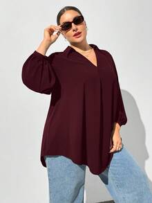 SHEIN Essnce Camisa de manga larga holgada y cómoda de cuello en V de color rojo púrpura para mujer talla grande, otoño e invierno, ropa de mujer, blusas de mujer, dinero viejo, casual de negocios, ropa de oficina para mujer, disfraces de mujer, blusas de mujer, regreso a casa, maestro, blusas de trabajo