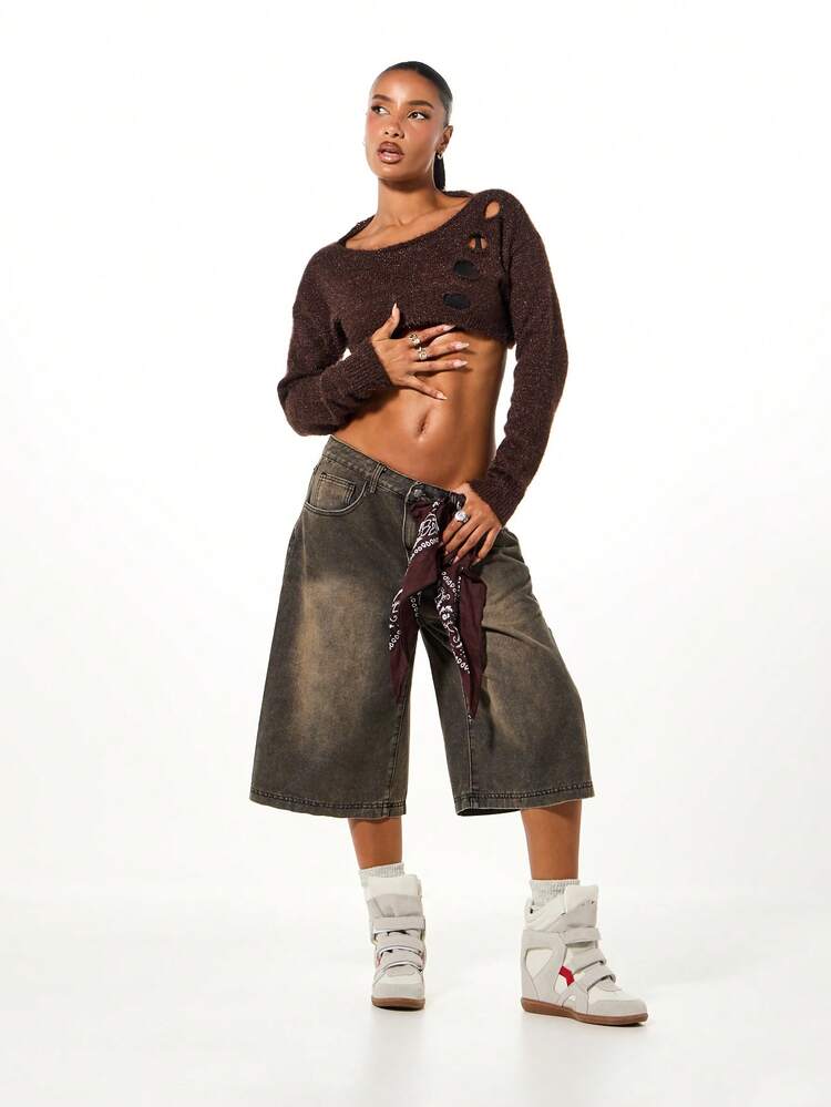 SUMWON WOMEN Fuzzy Knit Long Sleeve Cut Out Top