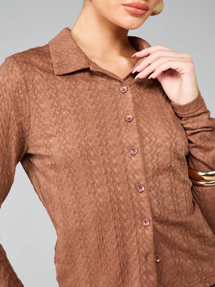 MISSGUIDED Textured Button Through Long Sleeve Collared Blouse Fitted Autumn Winter Fall Office Workwear Professional Casual Everyday