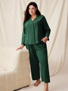LUVLETTE Christmas & New Years Pajamas Plus Size Soft Brushed Cotton Basic PJ Set Women's Lounge Set Fall Pajamas - Green - View 3