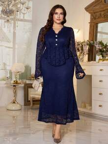 Modelyn Áo cánh tay loe cổ bẻ màu đen thanh lịch cổ điển dành cho người ngoại cỡ - Màu xanh lam - Xem 6