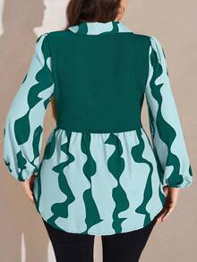 SHEIN LUNE Plus Size Women Printed 2 In 1 Long Sleeve Button Design Casual Top - Teal Blue - View 4