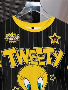 LOONEY TUNES X SHEIN Women's Summer Striped Letter & Cartoon Print Short Sleeve T-Shirt