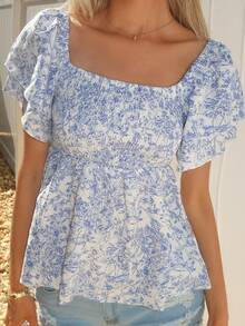 Sydney Algeri Women's Floral Print Ruffle Hem Short Sleeve Vacation Fashion Blouse - Blue - View 4