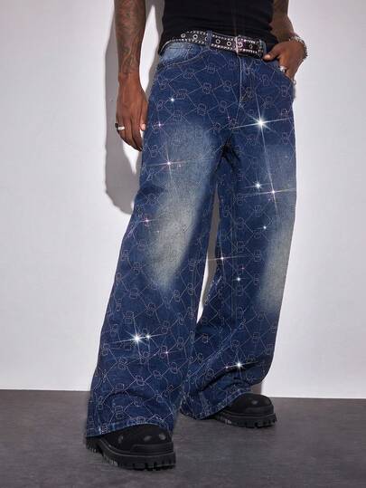 Jeans casual larghi da uomo con tasche geometriche e strass