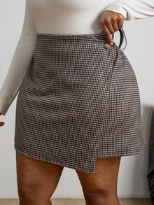 SHEIN PETITE CURVE 大码女式不对称下摆千鸟格休闲迷你裙 - 棕色 - 查看 3