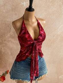 Soleia 派对上衣 沙滩 夏季度假 情人节 节日 嘉年华 女士 假日 休闲 红色上衣 Y2K 印花 系带露背吊带背心 - 彩色 - 查看 5