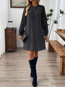 EMERY ROSE Plus Size Solid Color Round Neck Long Sleeve Loose Casual Ribbed Dress - Dark Grey - View 4
