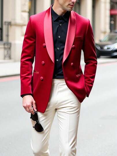 Manfinity Bizformal Burgundy Luxury Double-Breasted Suit Jacket, Men's Blazer, Tailcoat Jacket, Blending Classic Inspiration And Modern Creativity, Creating A Refined And Elegant Style, With Vibrant Colors And Exquisite Collar Design To Endow The Fabric With A Unique Texture, Becoming The Highlight In Formal Occasions Such As Galas, Weddings, Graduations, Parties, Showcasing Charm And Confidence, An Indispensable Fashion Piece, Suitable As A Gift For Husband, Boyfriend, Father, Son