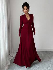 SHEIN Elenzya 女士标准尺码纯色罗纹修身优雅针织连衣裙，秋冬款 - 酒紅色 - 查看 6