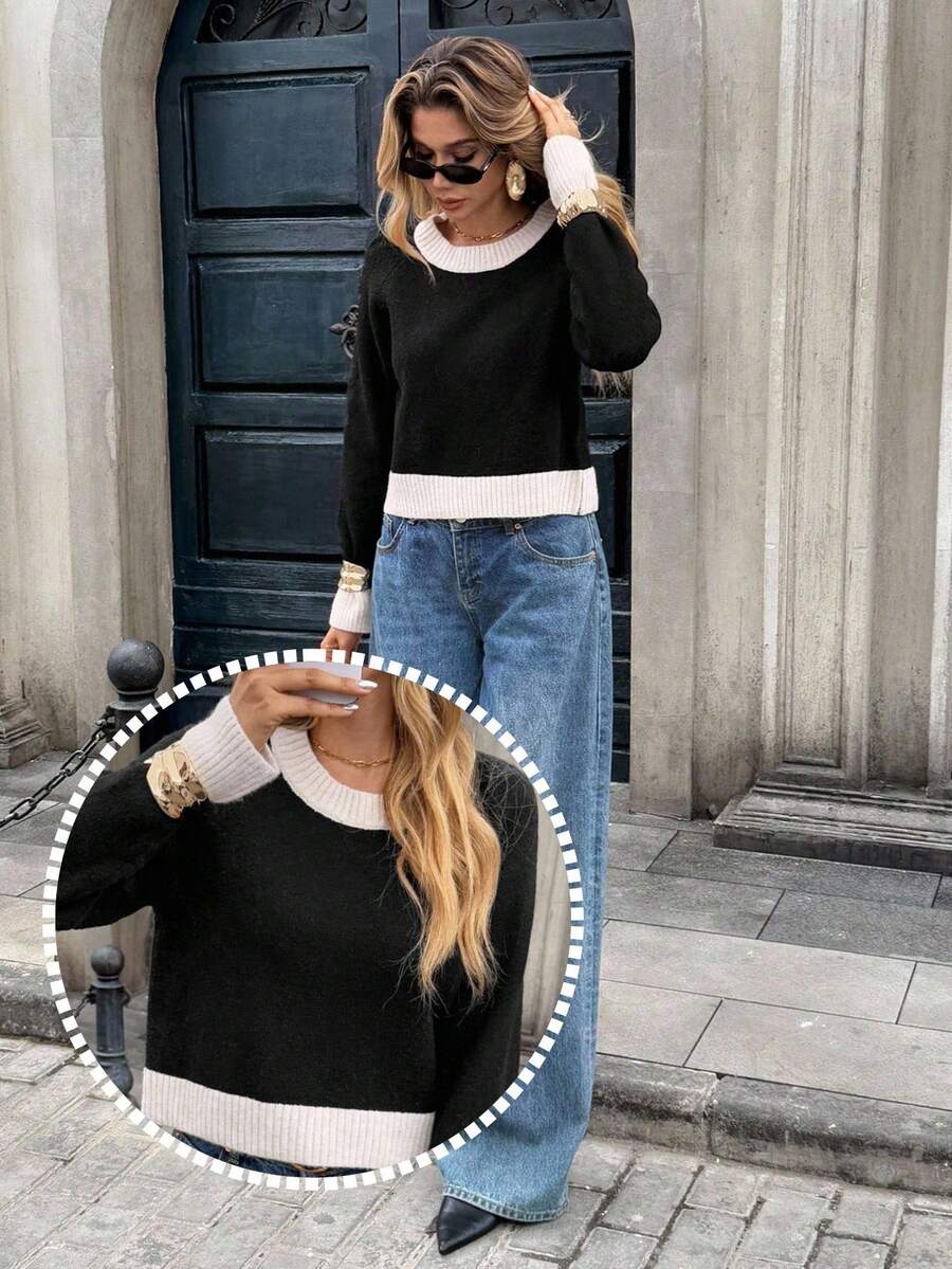 Chiquease Women's Crew Neck Long Sleeve Casual Knit Sweater, Autumn/Winter - Black - View 1
