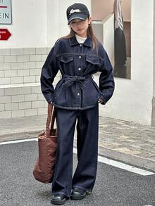 DAZY 2pcs Tween Girls Denim Jacket + Wide Leg Jeans Set, Fall Outfit